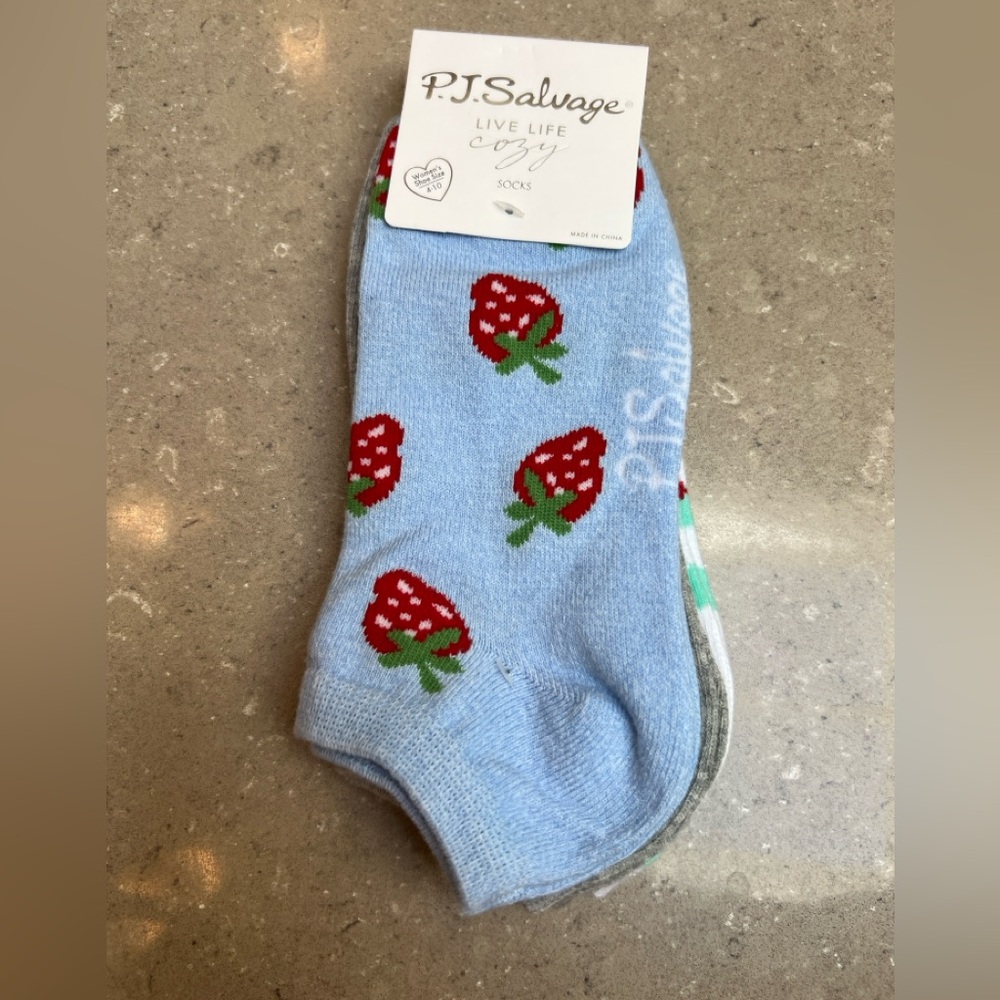 NWT 3 pr P.J. Salvage Socks: Blue w Strawberries, solid grey & green/wht stripe